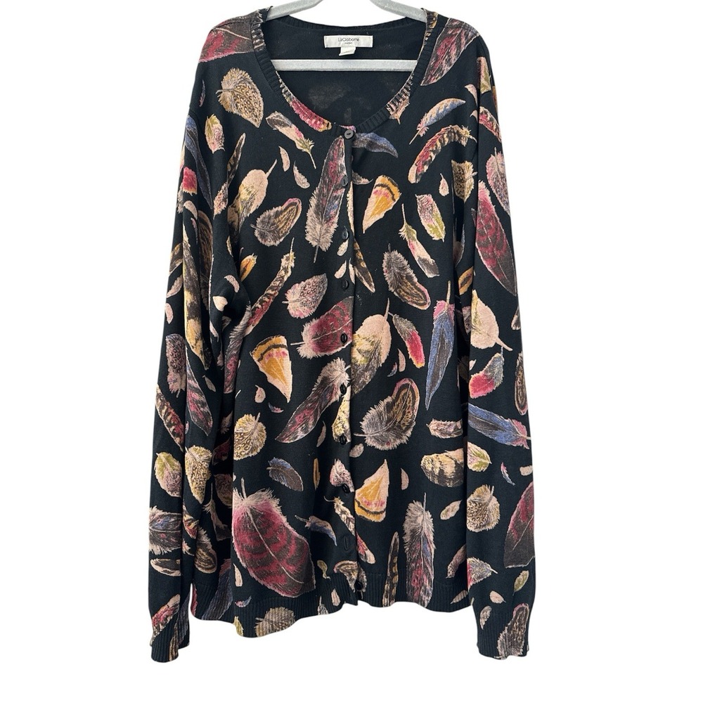 Liz Claiborne 2X Feather Print Cardigan Dark Boho Whimsygoth Fall Sweater